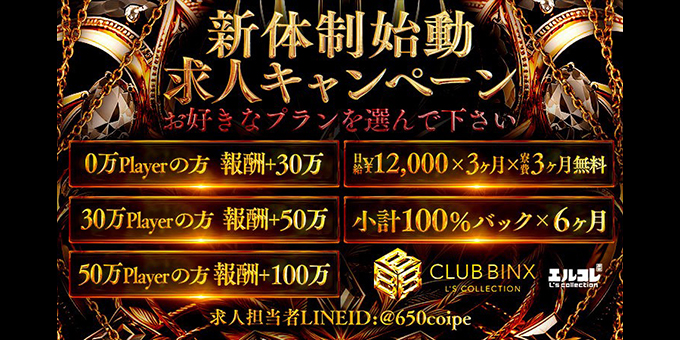 ミナミのホストクラブ「BINX」の求人宣伝。